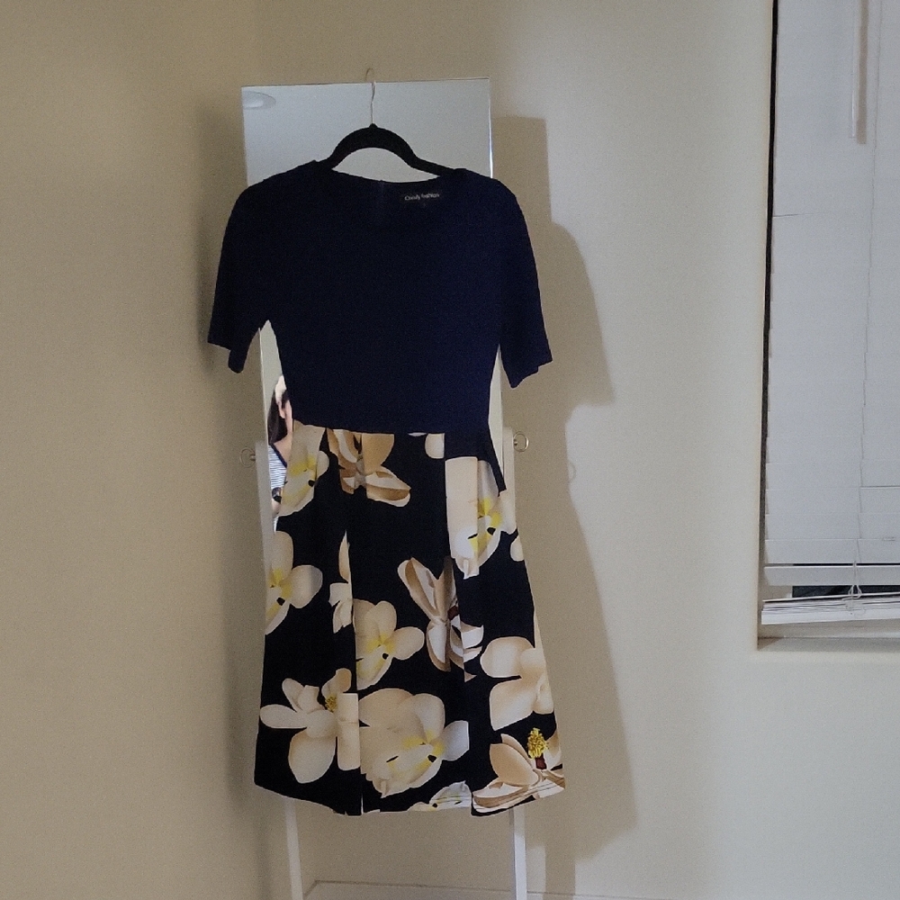 Chic Navy Dress with Floral Skirt